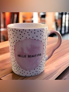 NEW HELLO BEAUTIFUL Pink Heart Handled Polka Dot Double Sided Coffee Tea Mug